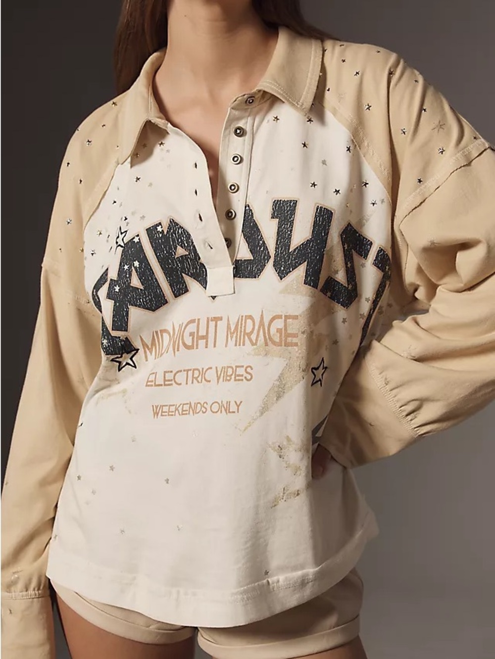 NEW Runs Big Anthropologie Pilcro Long Sleeve Baggy Stardust Graphic Henley XXS